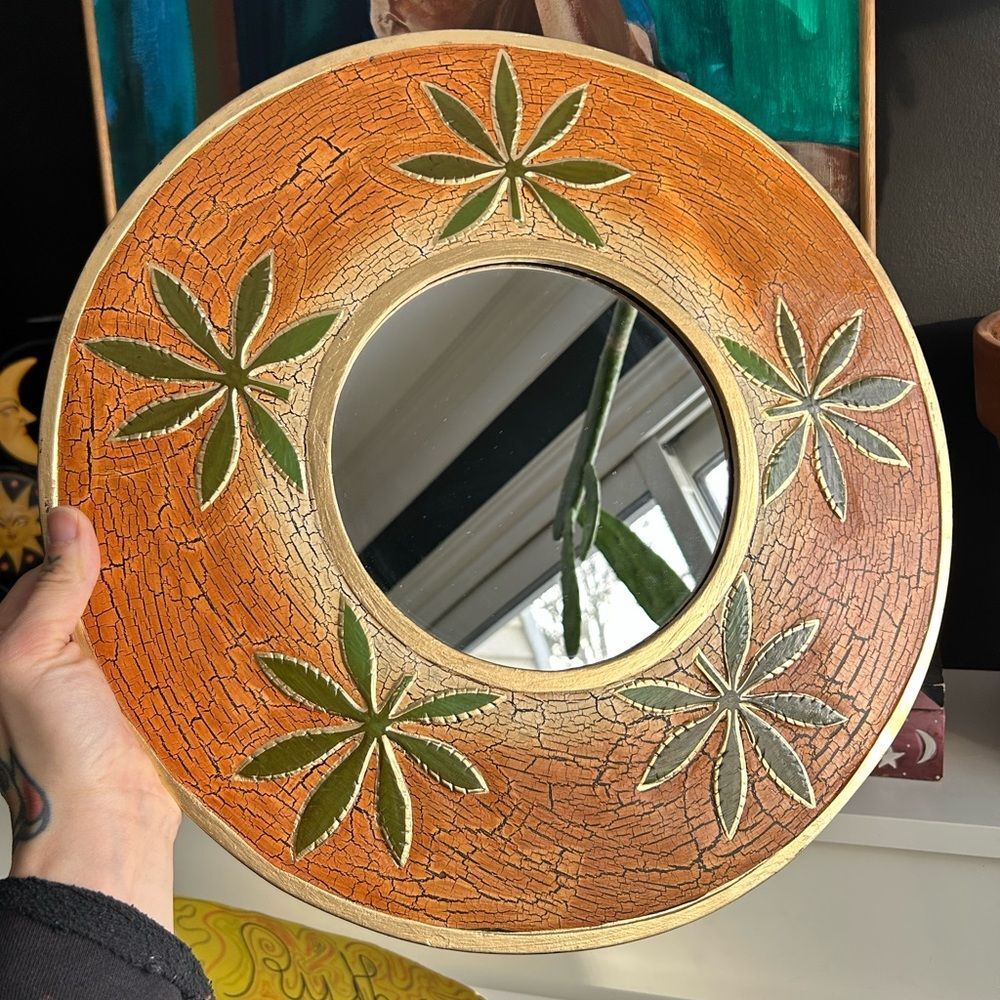 Vintage 15.75" Orange and Green Crackled Wood Decorative Mirror - Picture 2 of 14